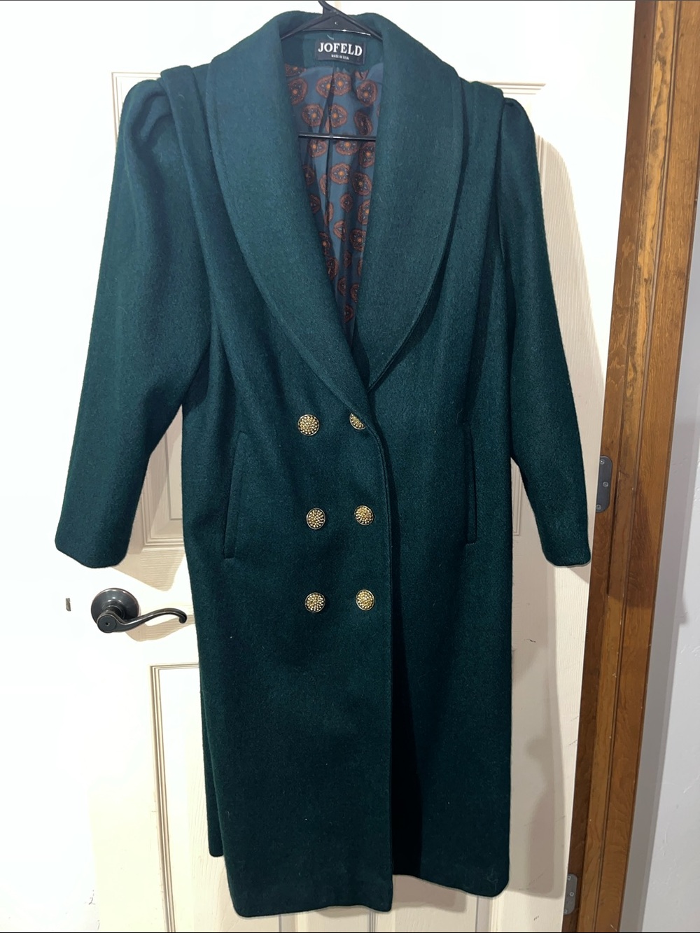 {Vintage JOFELD} Wool Coat Emerald Green Gold Buttons Made in USA Statement Coat